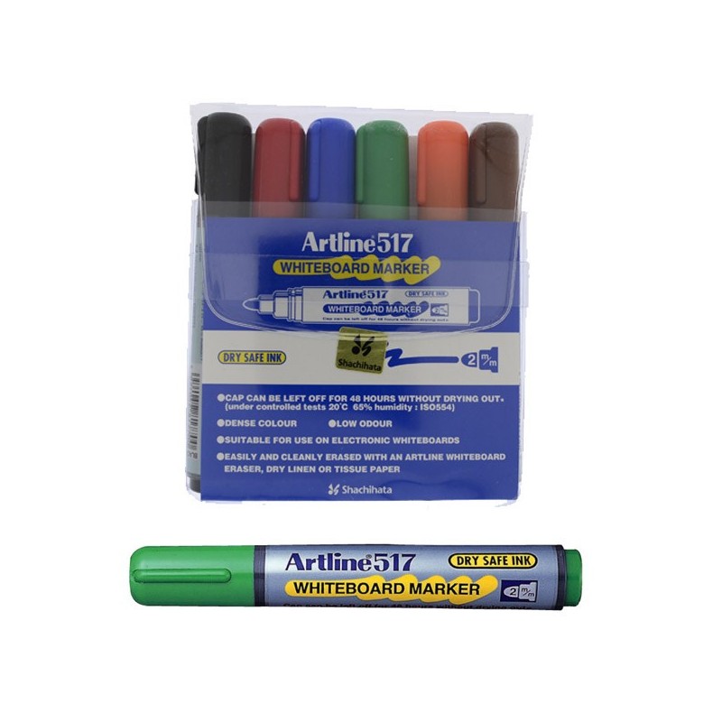 Marker pentru tabla de scris ARTLINE 517 - Dry safe ink, varf rotund 2.0mm, 6 culori/set