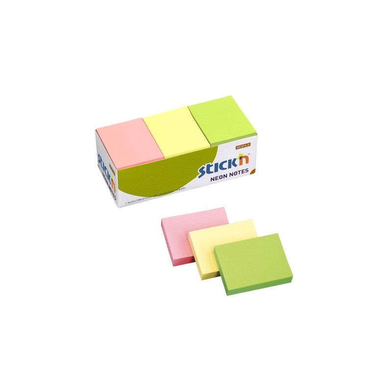 Notes autoadeziv 38 x 51 mm, 12 x 100 file/set, Stick"n - 3 culori neon