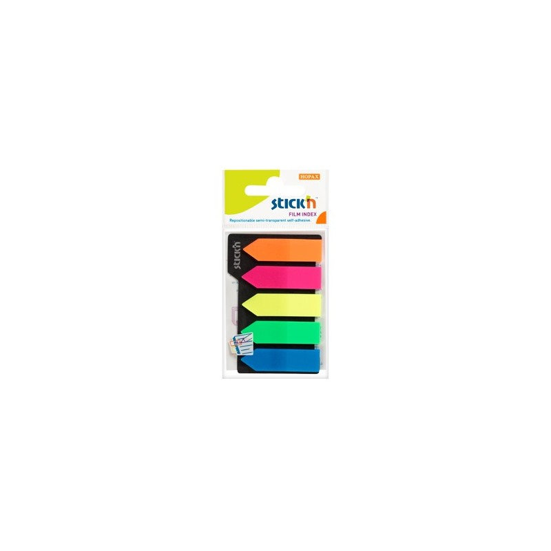 Stick index plastic transparent color 42 x 12 mm, 5 x 25 file/set, Stick"n - 5 culori neon - sageata
