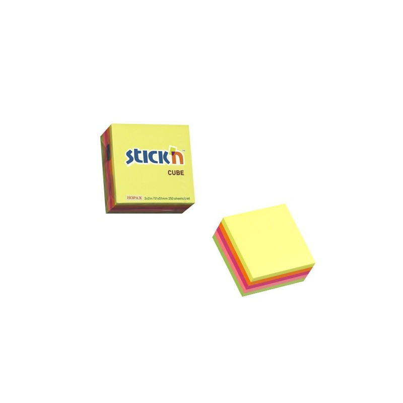 Cub notes autoadeziv 51 x 51 mm, 250 file, Stick"n - 5 culori neon