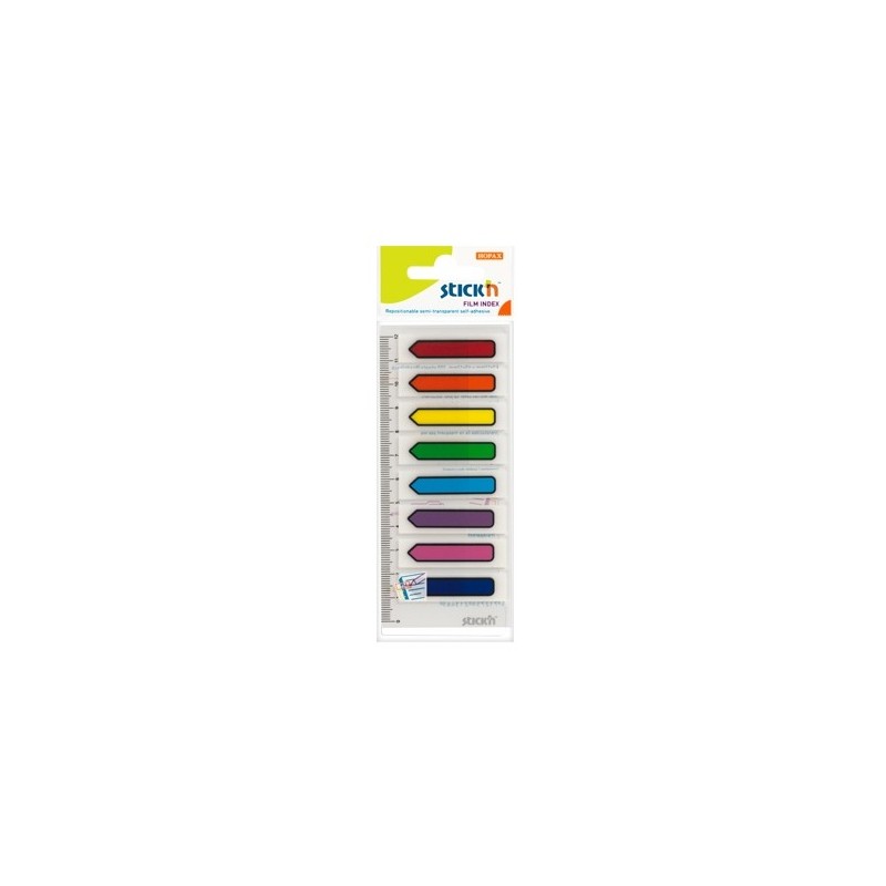 Stick index plastic transparent color 45 x 12 mm, 8 x 15 file/set, Stick"n - sageata - 8 culori neon