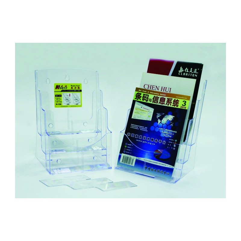 Display plastic pentru brosuri, de birou/perete, 3 x A4-portrait, KEJEA - transparent