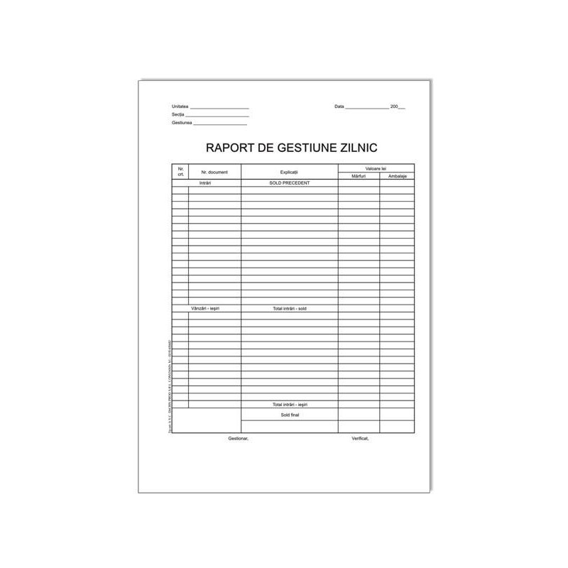 Raport gestiune zilnic, format A4, 100 coli/carnet