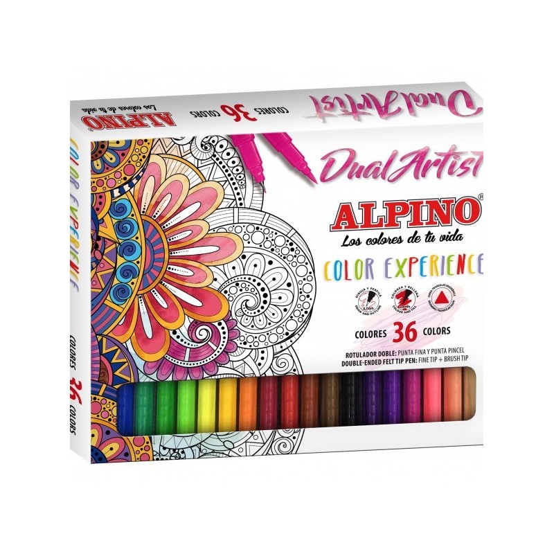 Carioca cu 2 capete, varf liner 0.7mm/tip pensula, 36 culori/set, ALPINO Dual Artist
