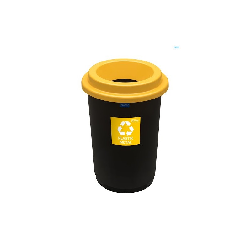 Cos plastic reciclare selectiva, capacitate 50l, PLAFOR Eco - negru cu capac galben - plastic