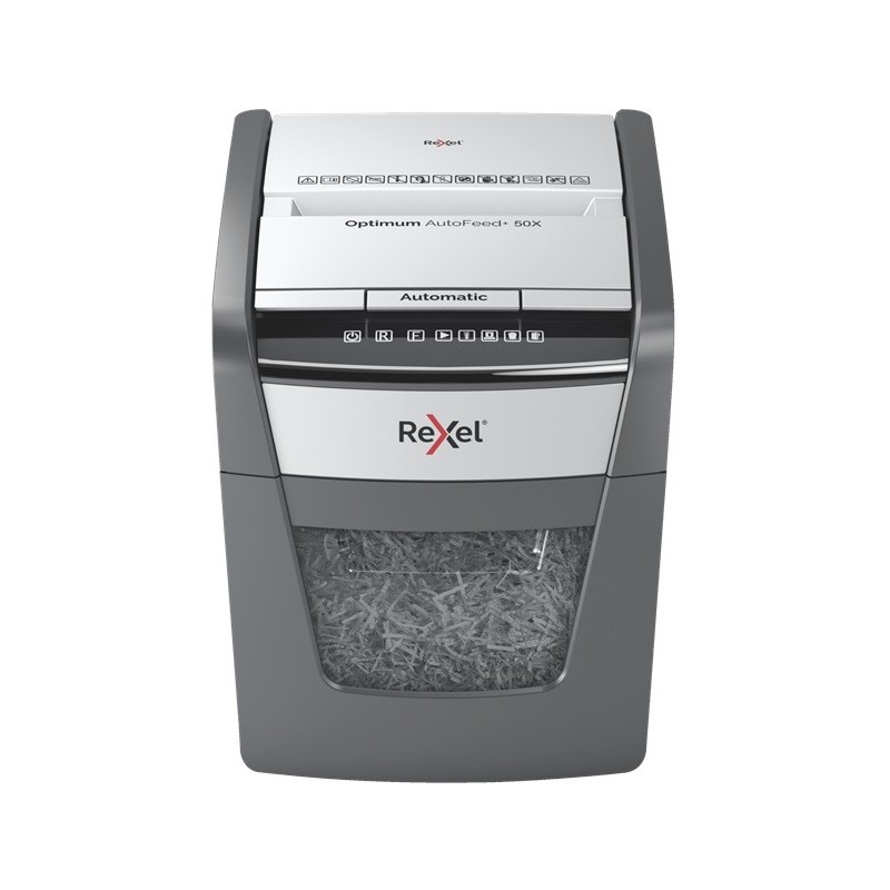 Distrugator documente automat REXEL OPTIMUM 50X, P4, cross-cut (confeti), 50 coli, cos 20l, negru-g