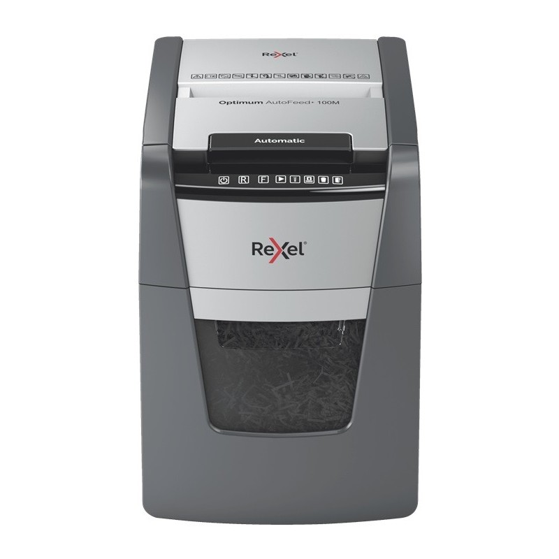 Distrugator documente automat REXEL OPTIMUM 100M, P5, micro-cut (particule), 100 coli, cos 34l, negr