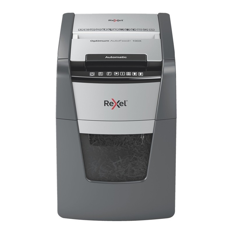 Distrugator documente automat REXEL OPTIMUM 100X, P4, cross-cut (confeti), 100 coli, cos 34l, negru-
