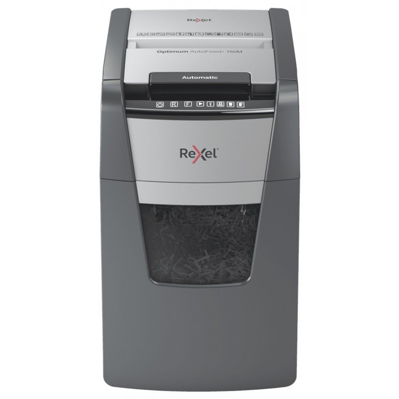 Distrugator documente automat REXEL OPTIMUM 150M, P5, micro-cut (particule), 150 coli, cos 44l, negr