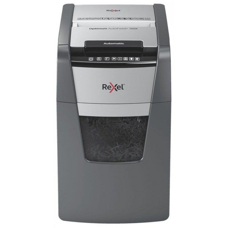 Distrugator documente automat REXEL OPTIMUM 150X, P4, cross-cut (confeti), 150 coli, cos 44l, negru-