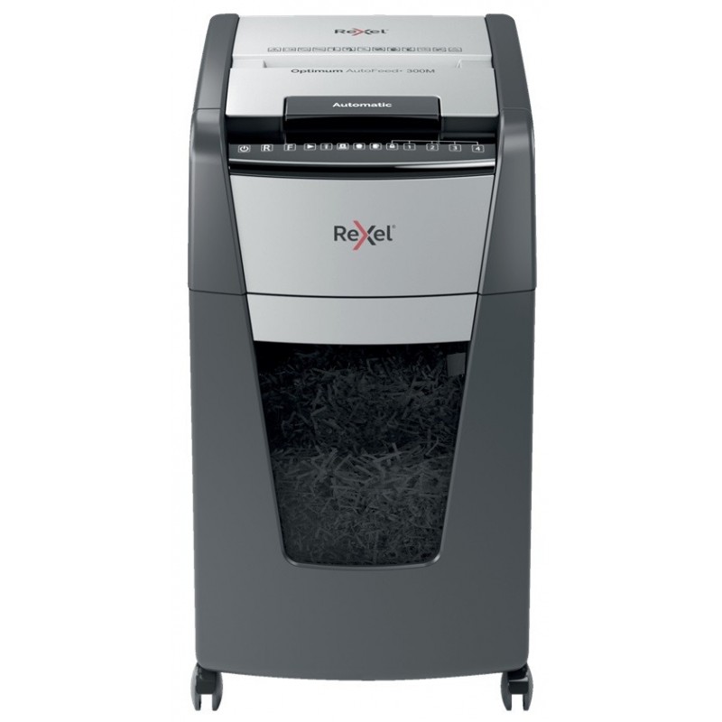 Distrugator documente automat REXEL OPTIMUM 300M, P5, micro-cut (particule), 300 coli, cos 60l, negr