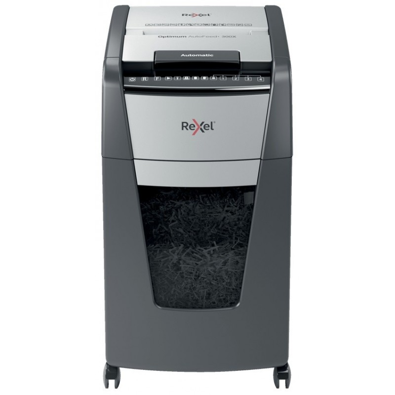 Distrugator documente automat REXEL OPTIMUM 300X, P4, cross-cut (confeti), 300 coli, cos 60l, negru-