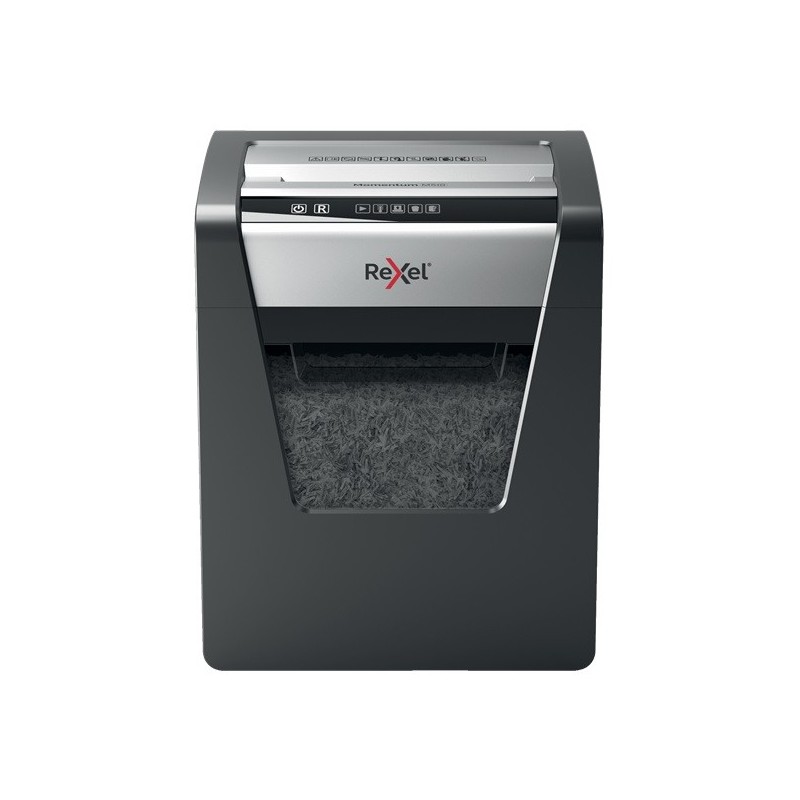 Distrugator documente manual REXEL MOMENTUM M510, P5, micro-cut (particule), 10 coli, cos 23l, negru