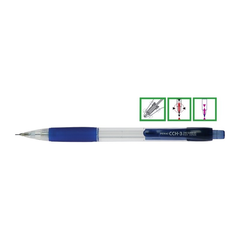 Creion mecanic PENAC CCH-3, rubber grip, 0.7mm, varf metalic, corp transparent - accesorii albastre
