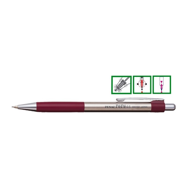 Creion mecanic metalic PENAC Pepe, rubber grip, 0.5mm, varf metalic - accesorii bordeaux