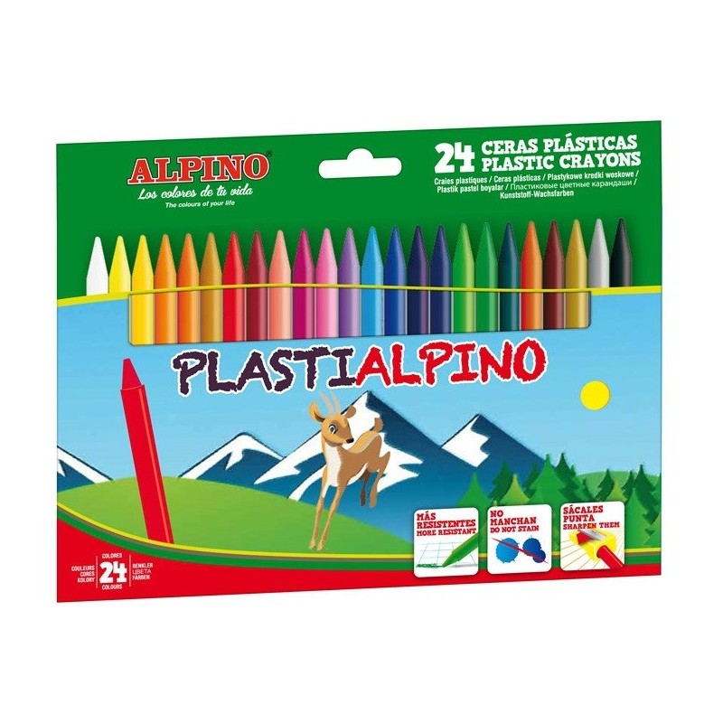 Creioane cerate din plastic, cutie carton, 24 culori/cutie, Plasti ALPINO
