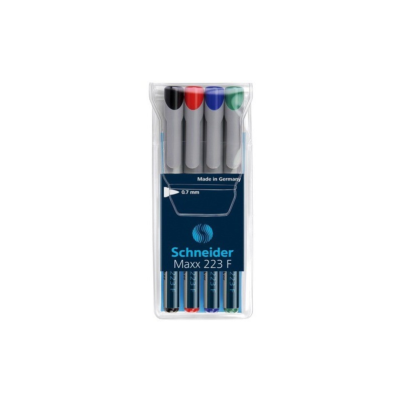 Universal non-permanent marker SCHNEIDER Maxx 223 F, varf 0.7mm, 4 culori/set - (N, R, A, V)