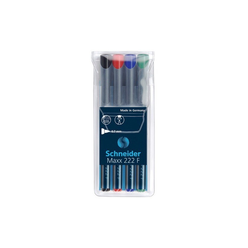 Universal permanent marker SCHNEIDER Maxx 222 F, varf 0.7mm, 4 culori/set - (N, R, A, V)