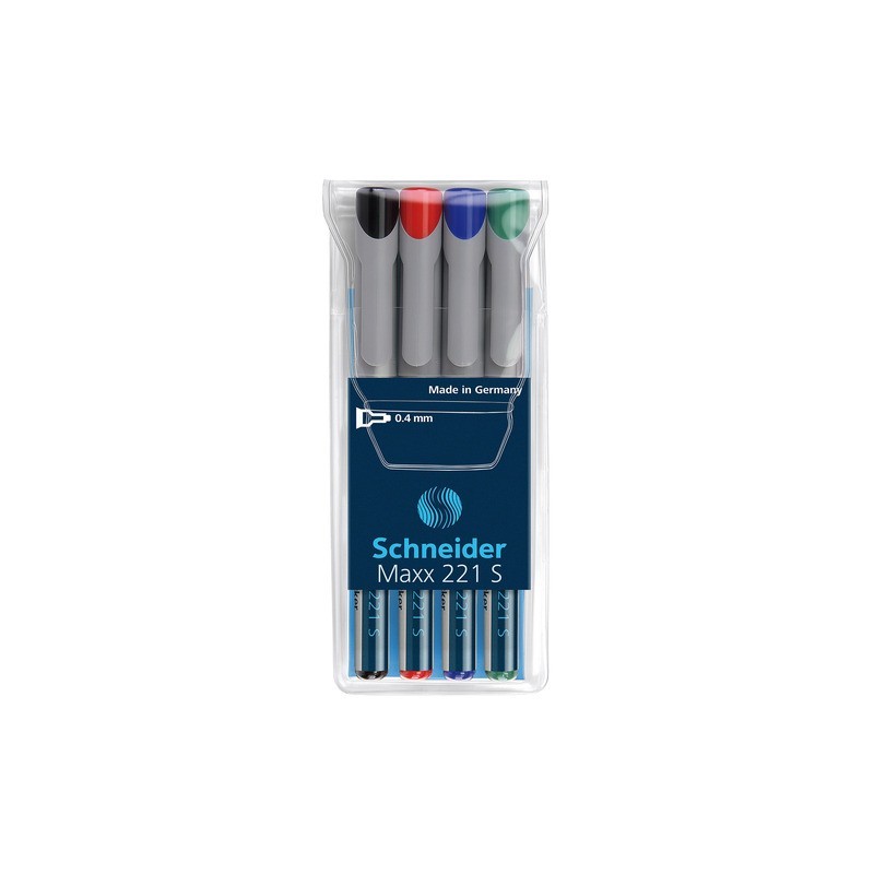 Universal non-permanent marker SCHNEIDER Maxx 221 S, varf 0.4mm, 4 culori/set - (N, R, A, V)