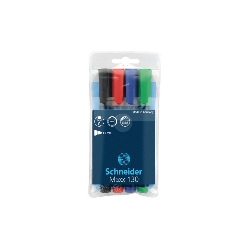 Permanent marker SCHNEIDER Maxx 130, varf rotund 1-3mm, 4 culori/set - (N, R, A, V)