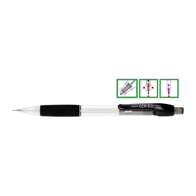 Creion mecanic PENAC CCH-3, rubber grip, 0.7mm, varf metalic, corp transparent, accesorii negre