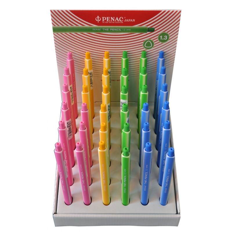 Display creioane mecanice PENAC The Pencil, rubber grip, 1.3mm, 36 buc/display - culori asortate