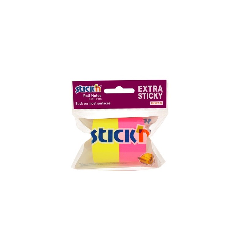 Rezerva notes autoadeziv in rola, pentru dispenser, 25 mm x 10 m, 2 buc/set, Stick"n - 2 culori neon