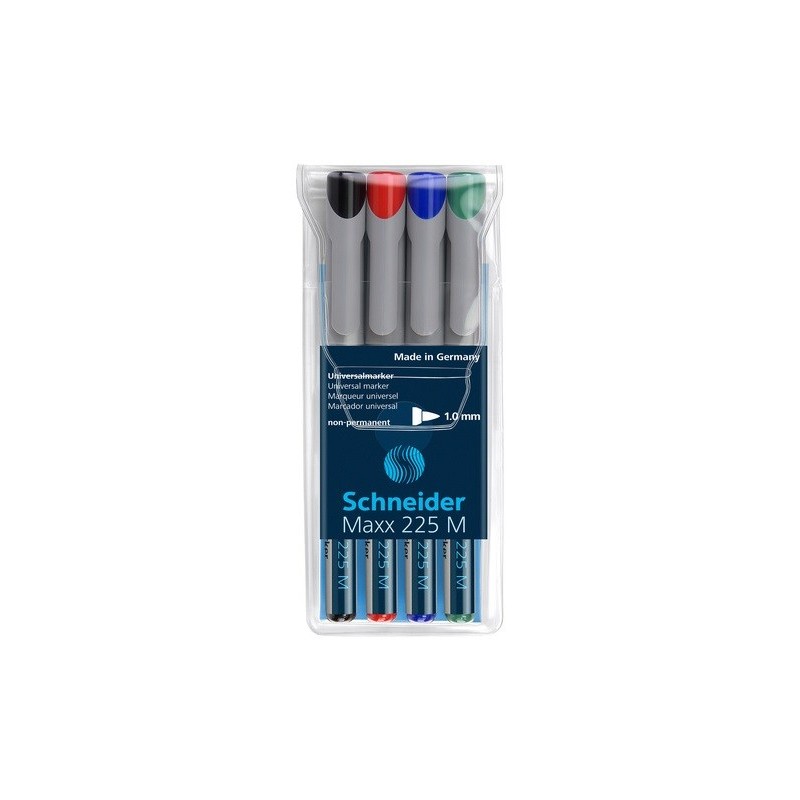 Universal non-permanent marker SCHNEIDER Maxx 225 M, varf 1mm, 4 culori/set - (N, R, A, V)