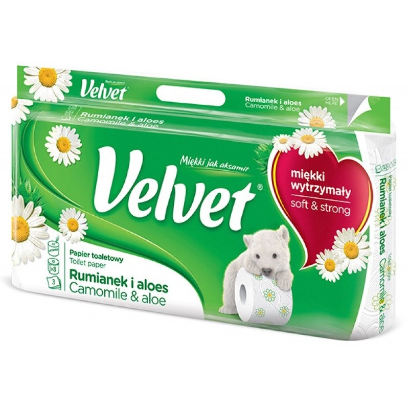 Hartie igienica alba, 3 straturi, 150 de portii, 8 role/bax, VELVET - cu aloe vera si musetel