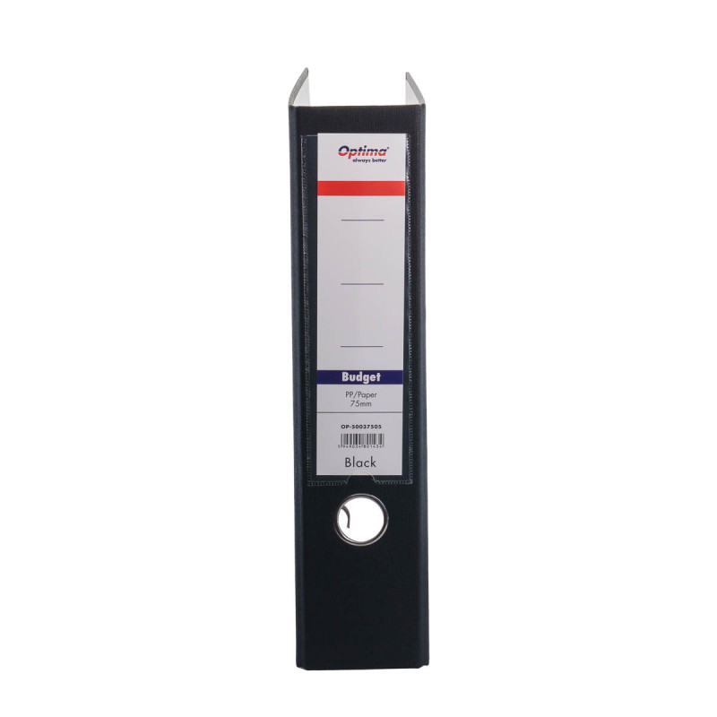 Biblioraft A4, plastifiat PP/paper, margine metalica, 75 mm, Optima Budget - negru