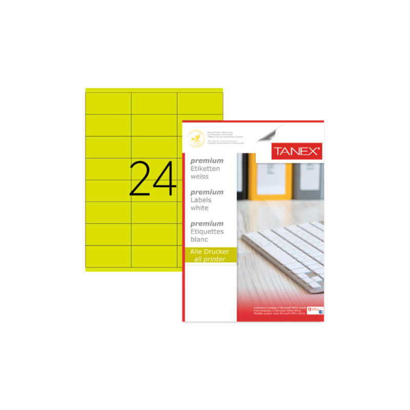 Etichete color autoadezive, 24/A4, 64 x 34mm, 25 coli/top, TANEX - galben fluorescent