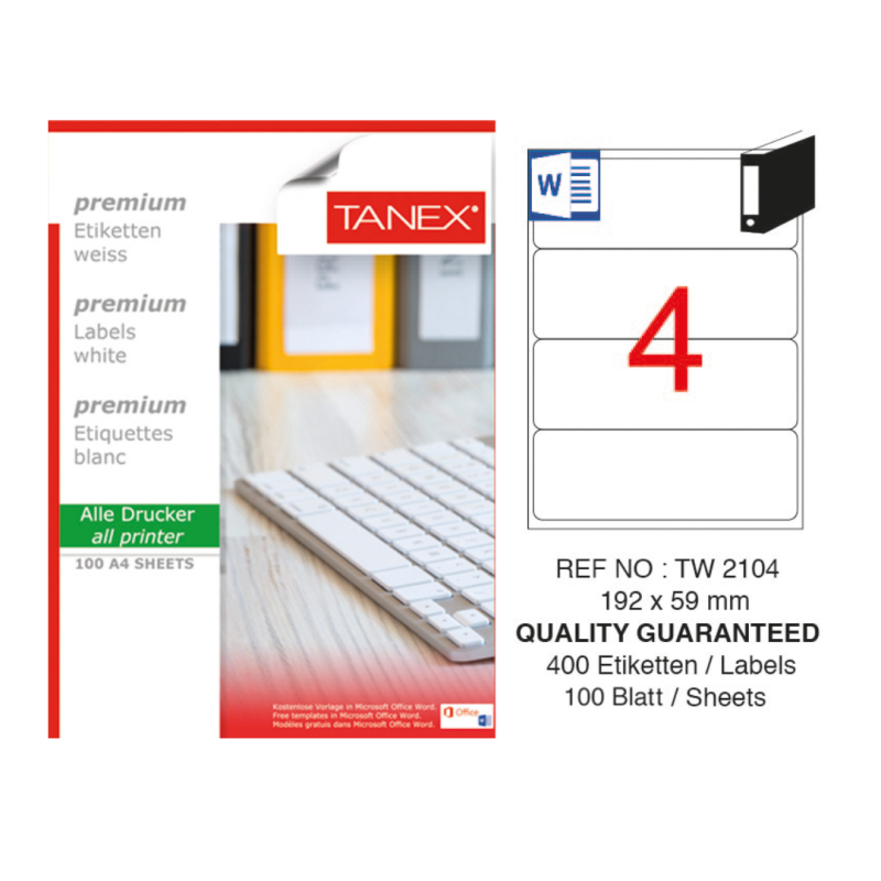 Etichete albe autoadezive, repozitionabile, 4/A4, 192 x 59mm, 25 coli/top, TANEX-colturi rotunjite