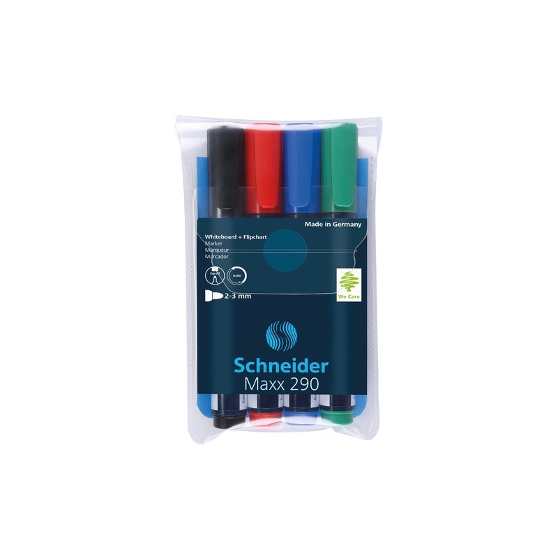 Marker SCHNEIDER Maxx 290, pentru tabla de scris+flipchart, varf rotund 2-3mm, 4 cul/set - (N,R,A,V)