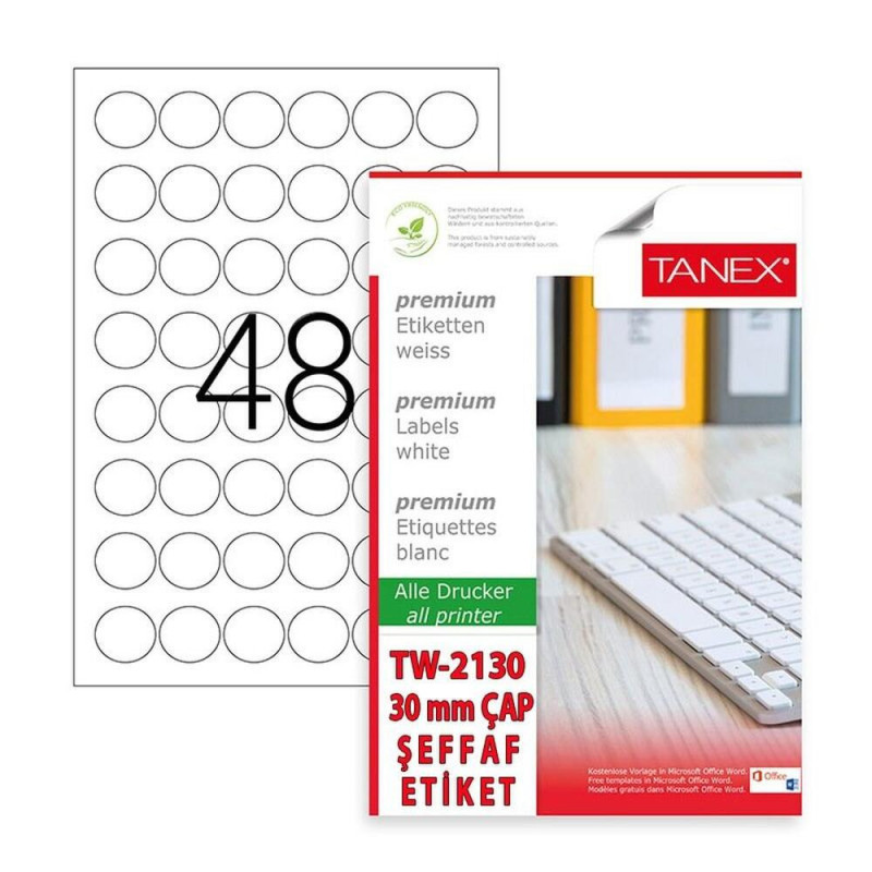 Etichete polyester albe, autoadezive, rotunde - D30mm, 48/A4, 25 coli/top, TANEX