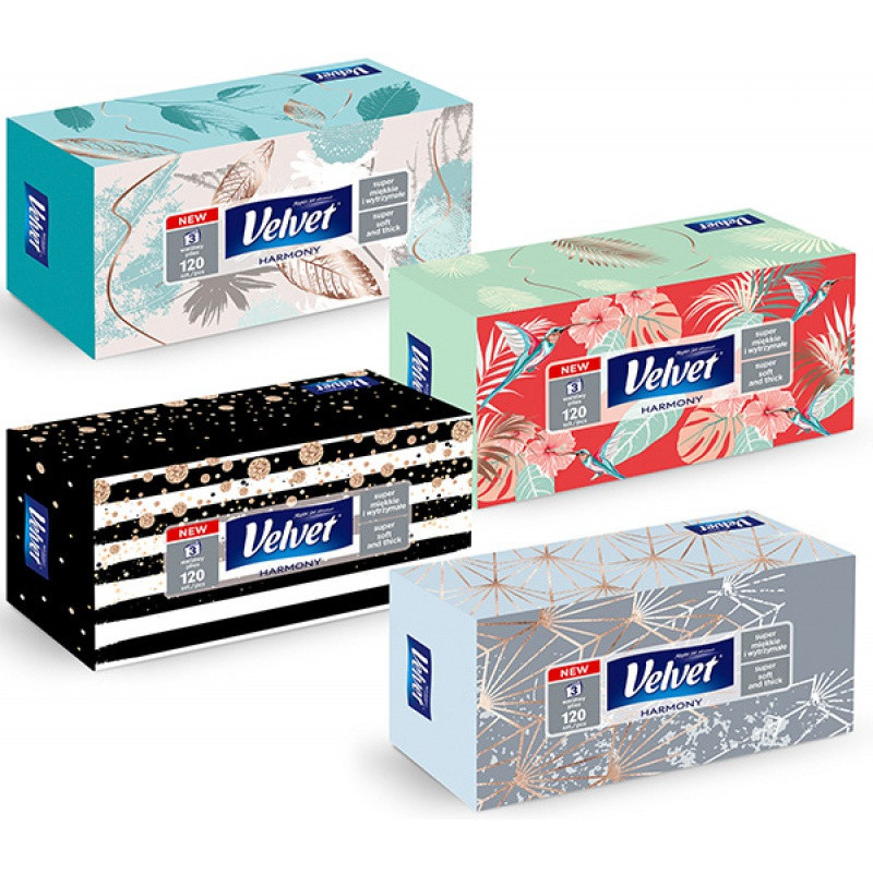Servetele cosmetice, 3 straturi, 120 buc/cutie, VELVET Life Style Harmony - albe