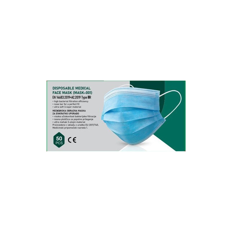 Masca medicala Type IIR - standard EN14683, 3 straturi, unica folosinta, 50 buc/set - alb/albastra