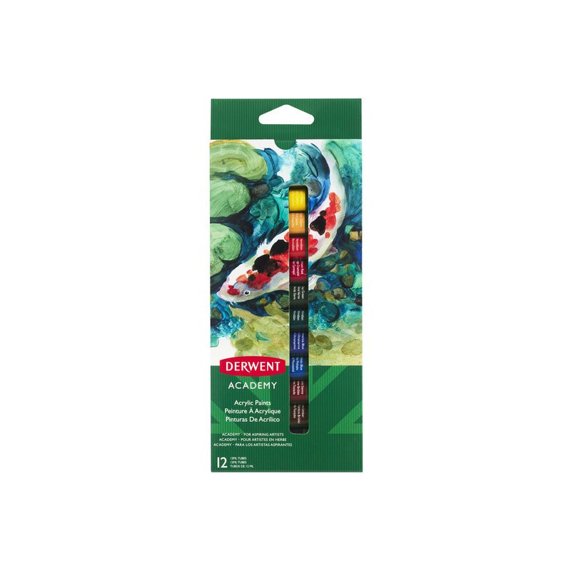 Culori acrilice DERWENT Academy, 12 ml, 12 buc/set, diverse culori
