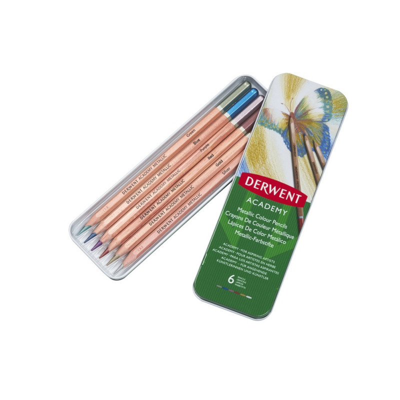 Creioane acuarela DERWENT Academy, cutie metalica, 6 buc/set, culori metalizate