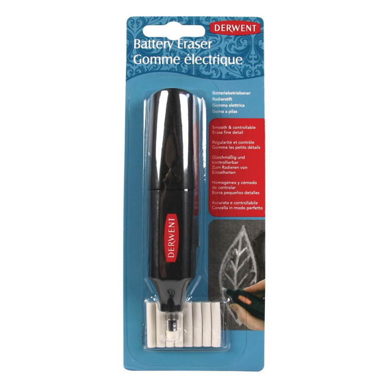 Radiera electrica DERWENT Professional, cu baterii, 8 rezerve incluse, negru