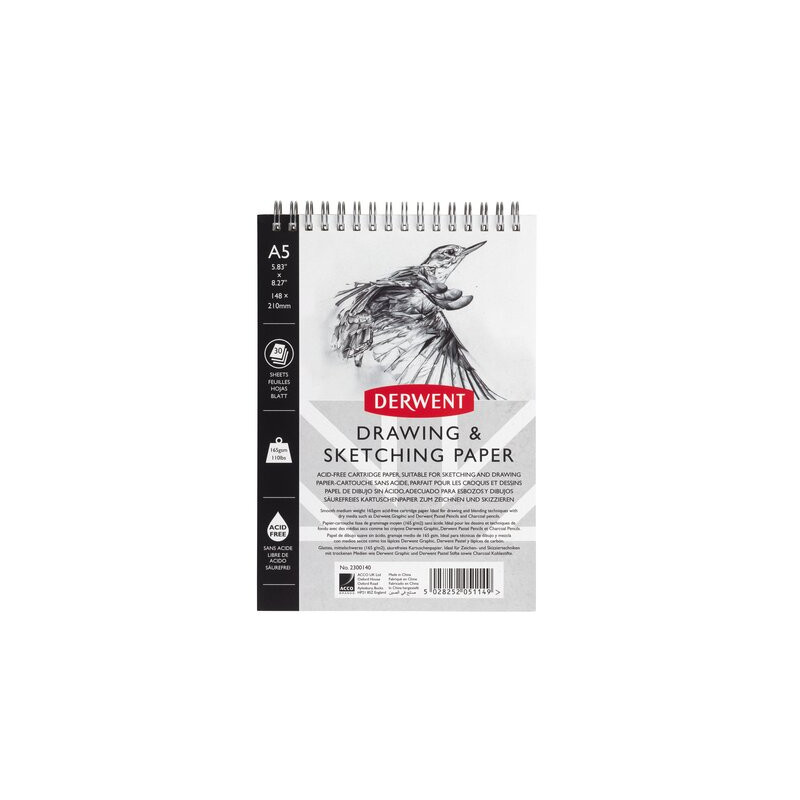 Caiet pentru schite si desen DERWENT Professional, A5, cu spira, 30 coli, 165 gsm, hartie alba