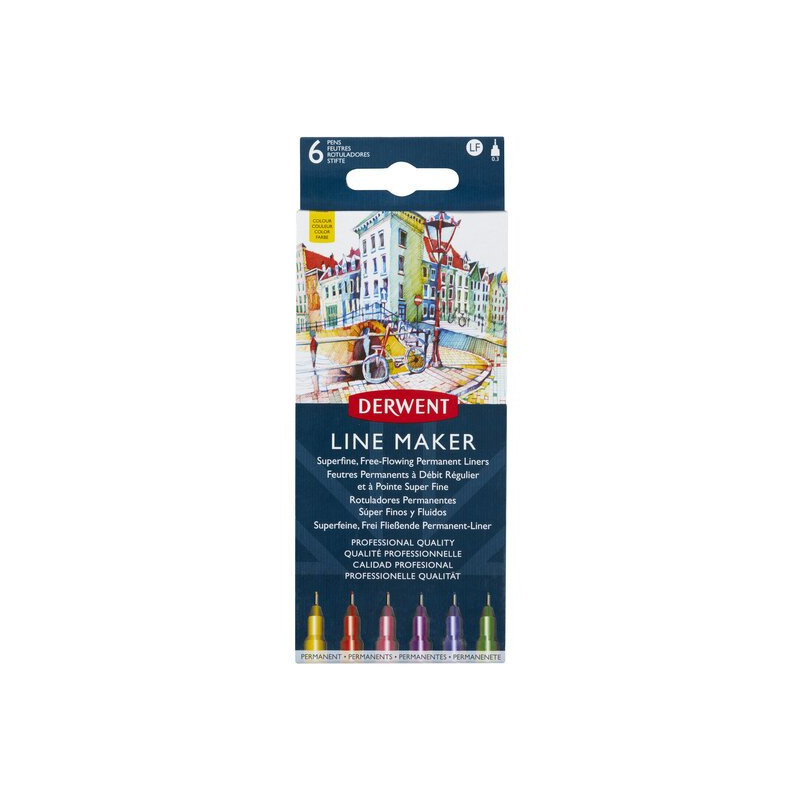 Liner DERWENT Professional, 0.3 mm, varf subtire si uscare rapida, 6 buc/set, diverse culori
