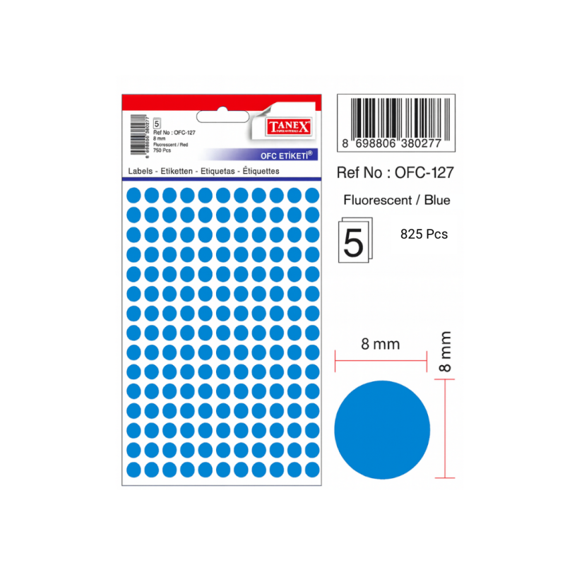 Etichete autoadezive color, D 8 mm, 750 buc/set - albastru
