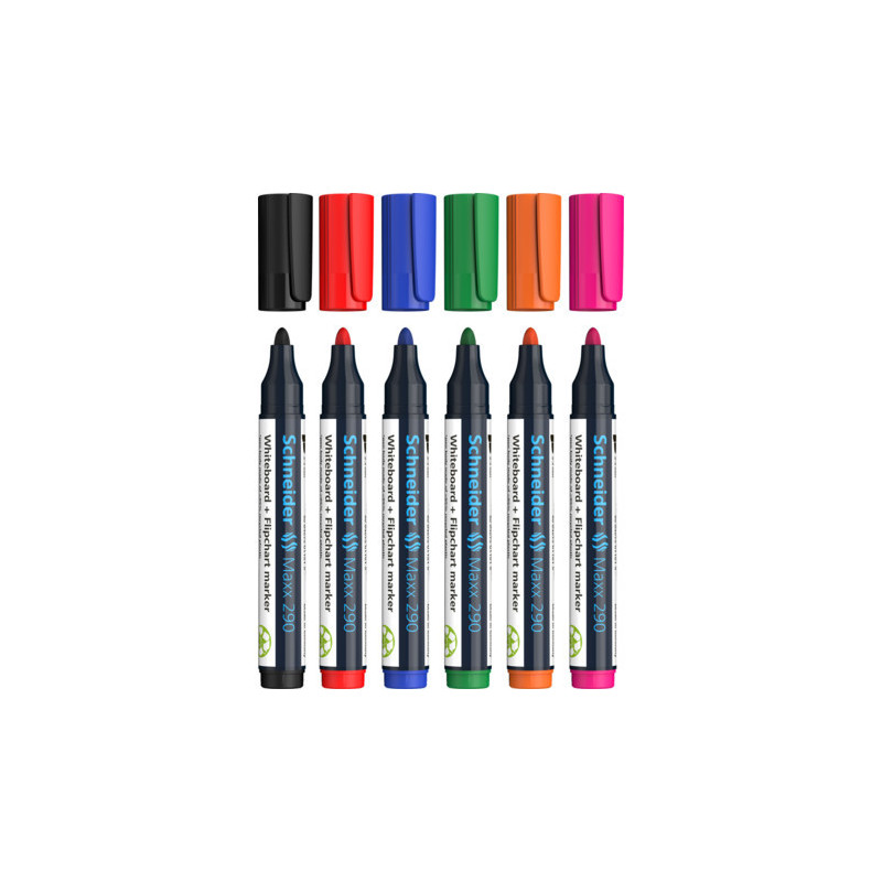 Marker SCHNEIDER Maxx 290, pentru tabla de scris+flipchart, varf rotund 2-3mm, 6 cul/set - (N,R,A,V,