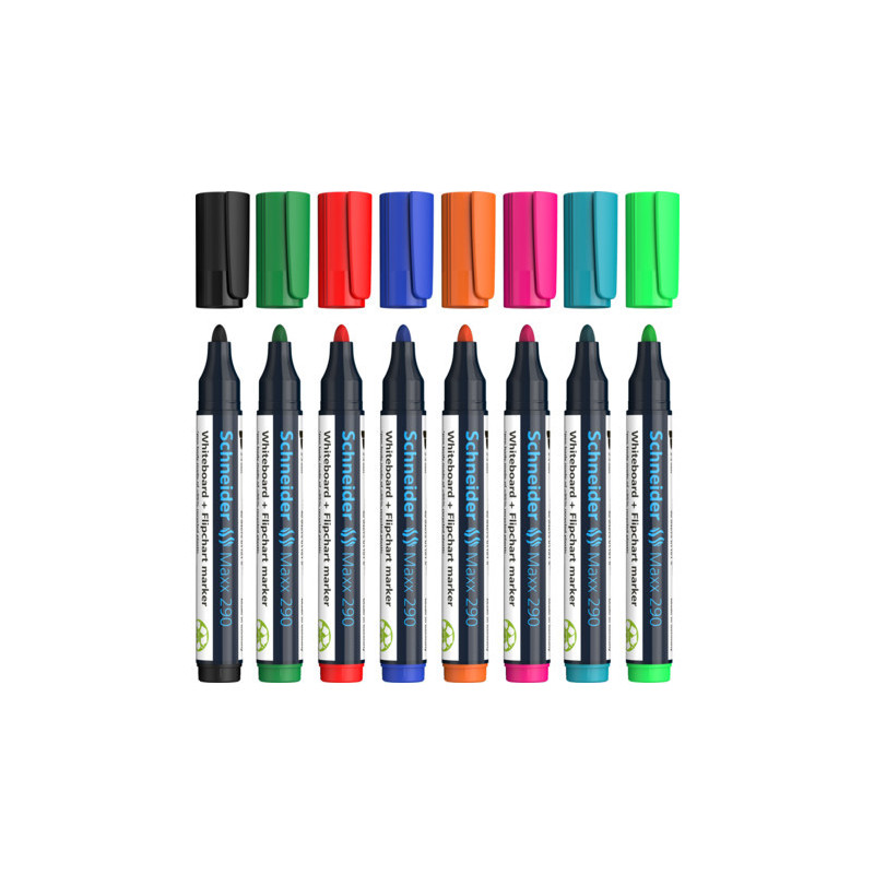 Marker SCHNEIDER Maxx 290, pentru tabla de scris+flipchart, varf rotund 2-3mm, 8 cul/set - (N,R,A,V,