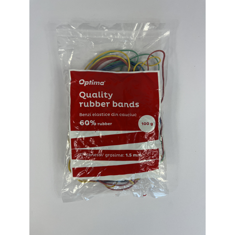 Elastice pentru bani, 60% cauciuc, 100gr./punga, D 65, grosime 1.5mm x 1.5mm, Optima - assorted colo