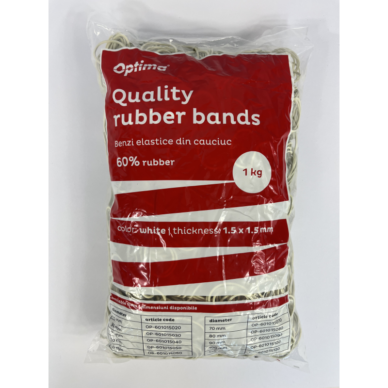 Elastice pentru bani, 60% cauciuc, 1kg/punga, D 40, grosime 1.5mm x 1.5mm, Optima - albe