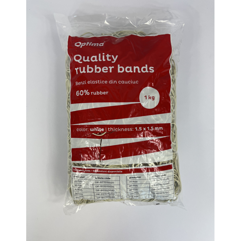 Elastice pentru bani, 60% cauciuc, 1kg/punga, D 70, grosime 1.5mm x 1.5mm, Optima - albe