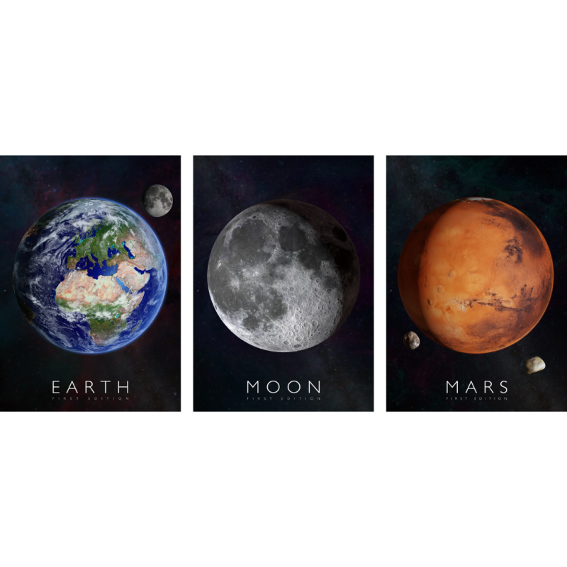Set 3 posetere AR(Realitate Augmentata), Curiscope Multiverse, Pamant, Luna, Marte, format A1