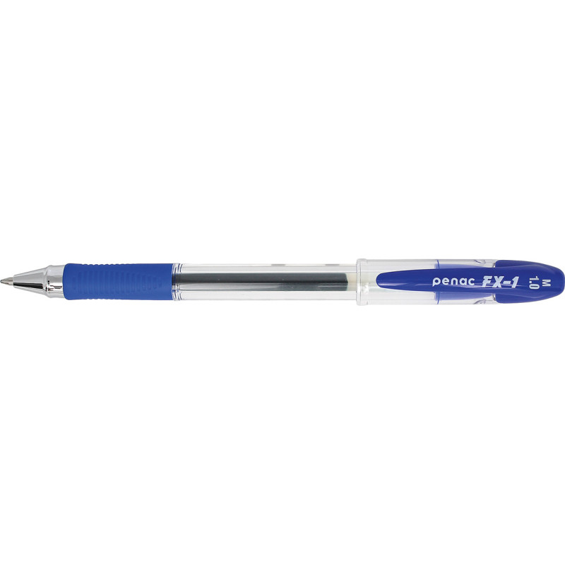Pix cu gel PENAC FX-1, rubber grip, 1.0mm, con metalic, corp transparent - scriere albastra