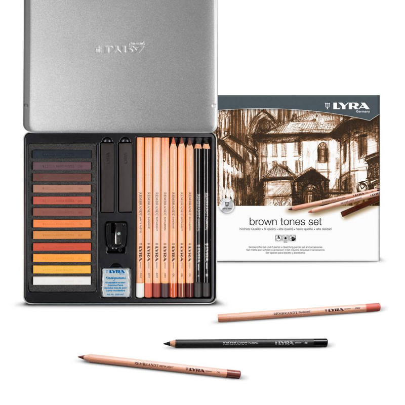 Creioane + accesorii, LYRA Rembrandt, pentru desene si schite, 25 piese/cutie metalica-tonuri de mar
